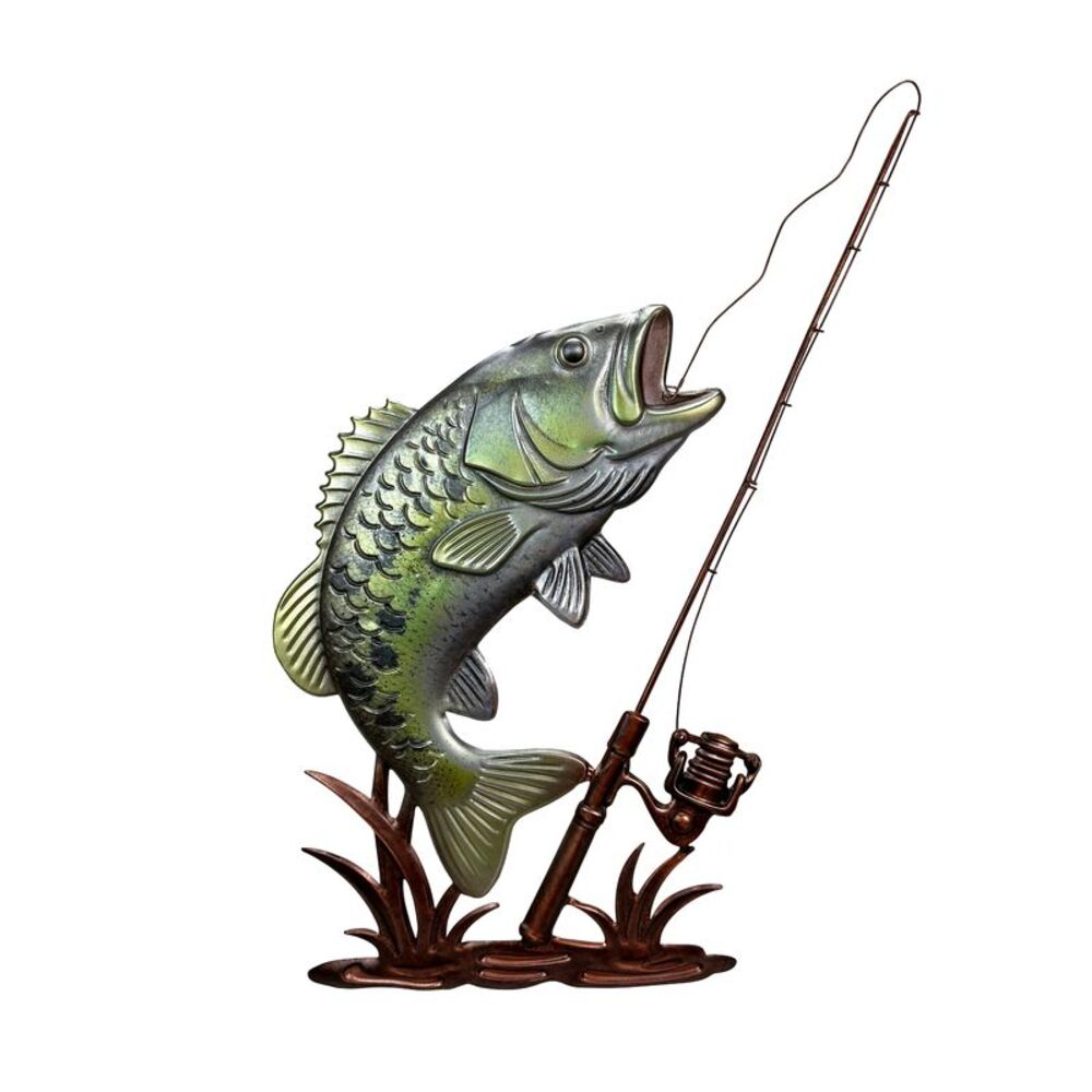 Fish Wall Sculpture Largemouth Bass Fishing Rod Metal 39.5 Inch Tall